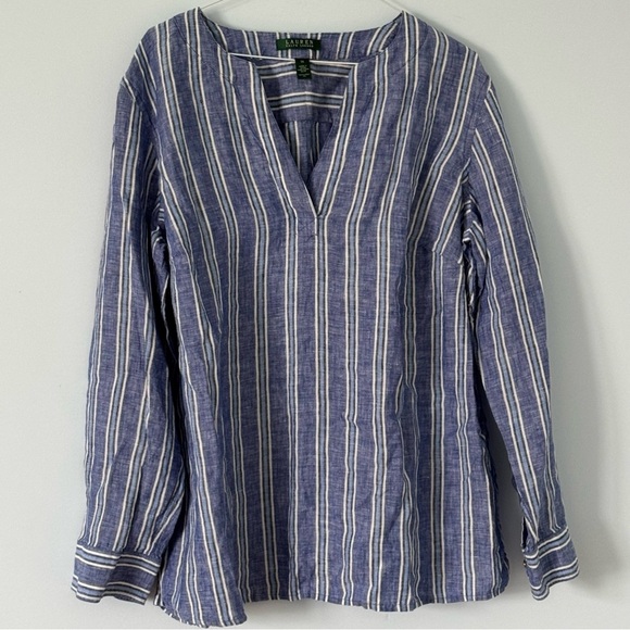 Lauren Ralph Lauren 100% Linen Striped Tunic Top Blue White 1X - Picture 1 of 8